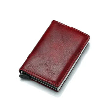 Cargar imagen en el visor de la galería, Red vegan leather credit card holder for men, sleek RFID-blocking wallet for bank cards, imported accessory with minimalist design