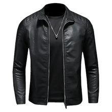 Charger l'image dans la galerie, Men's vegan leather motorcycle jacket in black providing style and protection for riders.