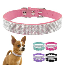 Cargar imagen en el visor de la galería, Sparkling adjustable leather puppy cat collars in pink, turquoise, purple, and black with rhinestone detailing, stylish and comfortable.