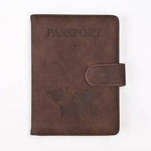 Cargar imagen en el visor de la galería, Brown PU leather passport holder with map design, vegan leather, perfect for organized travel and durable protection for essentials.
