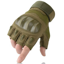 Cargar imagen en el visor de la galería, Green tactical motorcycle glove with hard knuckle protection and adjustable strap for durability and comfort.