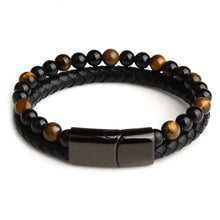 Charger l'image dans la galerie, Elegant black genuine leather bracelet with natural stone accents, perfect for sophisticated style and luxury fashion.