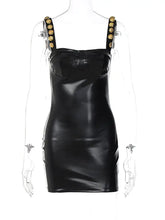 Load image into Gallery viewer, Elegant sleeveless PU leather mini dress in vegan leather, designed for modern sophistication and party allure.