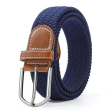 Cargar imagen en el visor de la galería, Elastic leather belt with alloy buckle, vegan, blue fabric design, brown accents, imported, stylish and comfortable.