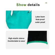 Load image into Gallery viewer, Close-up of garden glove features, showing latex foam texture, stab-proof, waterproof design, and high elastic sleeve for comfort.