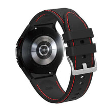 Cargar imagen en el visor de la galería, Samsung Galaxy Watch 4 Classic with black and red double line silicone sports bracelet, rear view showing strap design.