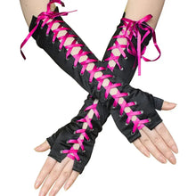 Load image into Gallery viewer, Black elbow-length half-finger gloves with pink lace-up design, adding edgy elegance to any outfit. Perfect for a gothic or punk look.