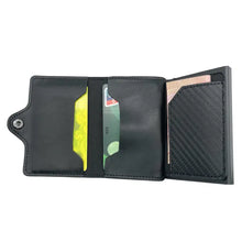 Load image into Gallery viewer, Slim trifold vegan leather wallet for Apple AirTags with card slots, money clip and AirTag cover, open view displaying compartments.