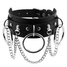 Cargar imagen en el visor de la galería, Black leather choker necklace with silver rings and chains, featuring a round pendant for a bold, edgy style.