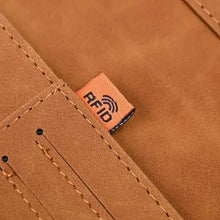 Cargar imagen en el visor de la galería, Close-up of RFID tag on vegan PU leather passport and card holder, showcasing durable stitching and sleek design for secure travel essentials.