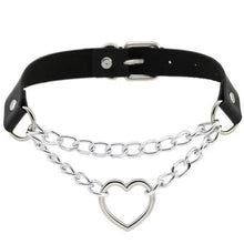 Cargar imagen en el visor de la galería, Heart charm black leather choker with silver chain detailing