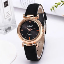 Cargar imagen en el visor de la galería, Fashion women leather casual watch with black strap, rose gold case, quartz dial, and vegan leather, perfect for stylish daily wear.