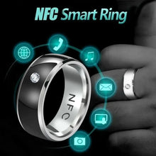 Cargar imagen en el visor de la galería, eThings NFC Smart Ring with waterproof technology and icons representing connectivity features on a hand.