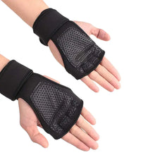 Load image into Gallery viewer, Black weightlifting training gloves with enhanced grip for stability and comfort, shown on hands for workout support.