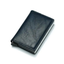 Cargar imagen en el visor de la galería, Sleek blue vegan leather credit card holder for men, featuring a minimalist design and RFID-blocking technology for secure bank card storage.