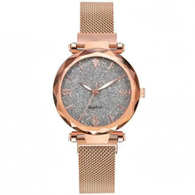 Cargar imagen en el visor de la galería, Elegant rose gold women's watch with a glittery dial and mesh strap, perfect for adding sophistication to both casual and formal outfits.