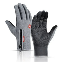 Load image into Gallery viewer, Gray winter cycling gloves with grip pattern and zipper, perfect for outdoor sports and cold weather protection.