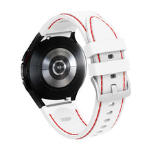 Cargar imagen en el visor de la galería, Samsung Galaxy Watch 4 Classic with 20mm Double Line Silicone Sports Bracelet, white strap with red accents, rear view.