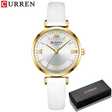 Cargar imagen en el visor de la galería, Women's classic leather watch with white strap and gold-tone clockface, featuring quartz movement and water resistance, from Curren.