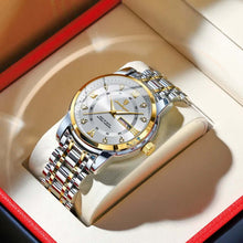 Load image into Gallery viewer, Luxury men's watch with gold and silver design, elegant timepiece in a display box, symbolizing sophistication and success.