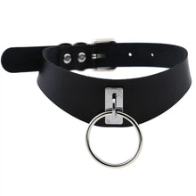 Cargar imagen en el visor de la galería, Black leather choker with round silver pendant, adjustable strap.