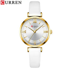 Cargar imagen en el visor de la galería, Classic Clock Leather Watch with white leather strap and gold casing, featuring a quartz movement and water-resistant design for women.