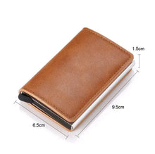 Cargar imagen en el visor de la galería, Compact anti-theft wallet in brown vegan leather with RFID/NFC protection, measuring 9.5cm x 6.5cm x 1.5cm, featuring durable craftsmanship.
