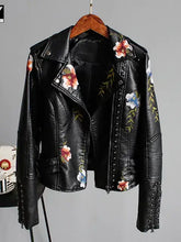 Load image into Gallery viewer, Floral Print Faux Leather Jacket, edgy punk style with romantic elegance, featuring vibrant floral designs on sleek black faux leather.