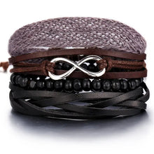 Charger l'image dans la galerie, Multilayer leather bracelet with infinity symbol, wood beads, and braided design for a rugged, elegant style