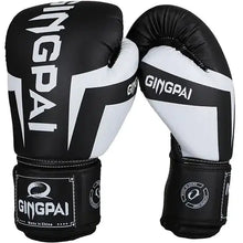 Load image into Gallery viewer, Premium black and white boxing gloves for sparring and training, offering comfort and protection, featuring GINGPAI logo.