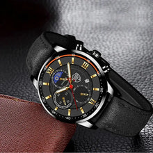 Cargar imagen en el visor de la galería, Men's Casual Leather Watch with black dial and gold accents, showcasing timeless elegance and modern functionality.