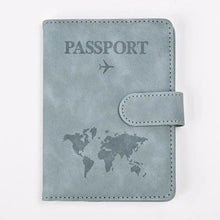 Cargar imagen en el visor de la galería, Gray PU leather passport and card holder with world map design and secure clasp, perfect for stylish and organized travel.