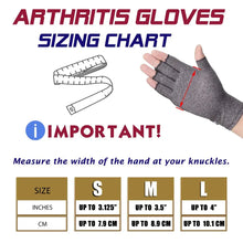 Load image into Gallery viewer, Sizing chart for compression arthritis gloves, illustrating hand measurements for small, medium, and large sizes. Important note included.