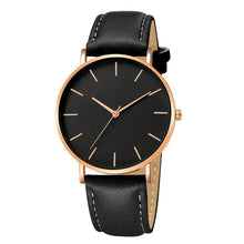 Cargar imagen en el visor de la galería, Simple leather men's luxury watch with black vegan leather strap and minimalist black dial, offering timeless elegance and sophistication.