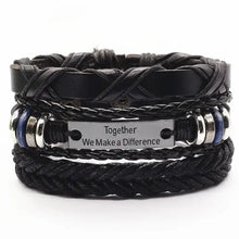 Cargar imagen en el visor de la galería, Black leather bracelets and bangles for men with "Together We Make a Difference" engraved, showcasing rugged sophistication.