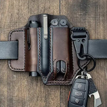 Cargar imagen en el visor de la galería, Leather tactical multi-tool belt bag with compartments for tools and key holder, made from durable vegan leather, on wooden surface.