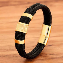 Cargar imagen en el visor de la galería, XQNI Men's Double Layer Woven Leather Bracelet with gold stainless steel clasp, stylish and durable men's accessory.