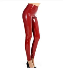 Load image into Gallery viewer, Red high waist latex patent leather leggings with zip up bodycon styling, perfect for a night out. Vegan leather, imported.