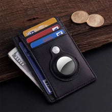 Charger l'image dans la galerie, Minimalist vegan leather card wallet with multiple card slots and cash, displayed on rustic wood with coins.