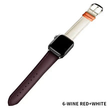 Cargar imagen en el visor de la galería, Wine red and white two-tone Apple Watch band shown with clasp, compatible with Series 1-5, available in multiple sizes.