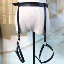 Cargar imagen en el visor de la galería, Leather garters waist belt harness displayed on a mannequin, showcasing edgy fashion accessory with adjustable straps.