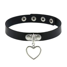 Cargar imagen en el visor de la galería, Black leather choker necklace with heart pendant, modern and elegant design, adjustable fit.