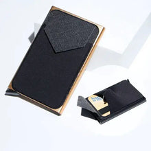 Cargar imagen en el visor de la galería, RFID black trifold leather slim mini wallet with card compartment, vegan leather, imported design. Stylish and secure.