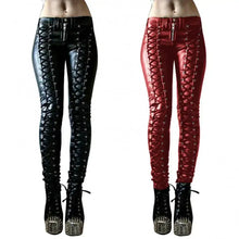 Load image into Gallery viewer, Steampunk vegan leather skinny pants in black and red, featuring edgy lace-up design, perfect for bold and unique fashion styles.
