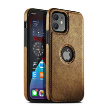 Load image into Gallery viewer, Luxury brown leather phone case showcasing snug fit and precise cutouts for easy access to buttons, enhancing device protection.