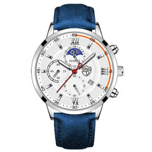 Cargar imagen en el visor de la galería, Men's casual leather watch with a white dial, blue leather strap, and multifunctional subdials, showcasing elegance and durability.