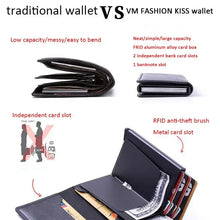 Load image into Gallery viewer, Comparison of traditional wallet vs VM Fashion Kiss RFID cardholder, highlighting features like neat capacity, RFID protection, and compact design.