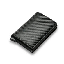 Cargar imagen en el visor de la galería, RFID Black Magic Trifold Leather Slim Mini Wallet, vegan leather design, showcasing sleek and compact style for secure carrying.