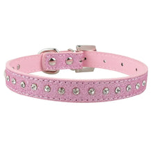 Cargar imagen en el visor de la galería, Pink adjustable leather pet collar with rhinestones, ideal for small dogs and cats. Stylish bowknot design for comfort and elegance.