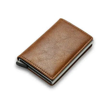 Cargar imagen en el visor de la galería, RFID trifold leather slim mini wallet in brown vegan leather, compact and stylish for organizing essentials, with secure RFID protection.
